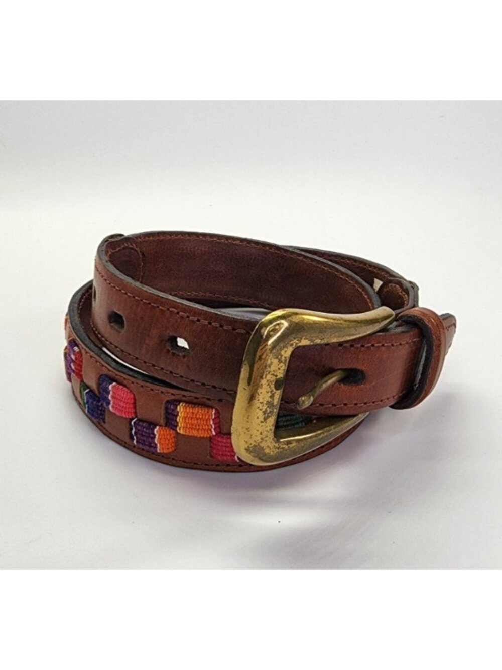 Fossil Brown Leather Belt With Multicolor Inlay Bronze Buckle Size Guatemala